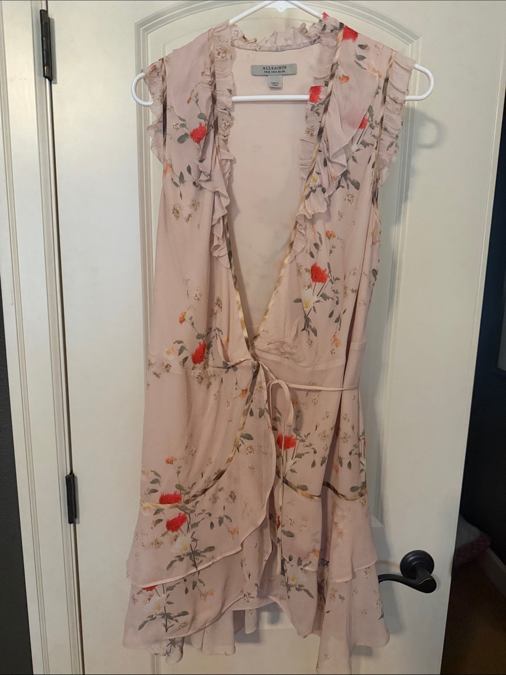 AllSaints Floral Ruffle Wrap Dress US 4 Blush Pink Boho
